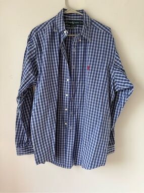 VTG Ralph Lauren Plaid Button Down Shirt Dress Shirt Casual Blue White Size L